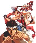  1990s_(style) 1girl 3boys andy_bogard baseball_cap black_gloves blonde_hair blue_eyes breasts brown_eyes brown_hair clenched_hands denim fatal_fury fingerless_gloves folding_fan gloves hand_fan hat headband high_ponytail holding holding_fan jacket japanese_clothes joe_higashi large_breasts light_smile long_hair looking_at_viewer multiple_boys muscular muscular_male ninja official_art oobari_masami open_clothes open_jacket pelvic_curtain ponytail red_hair red_jacket retro_artstyle revealing_clothes rope shimenawa shiranui_mai short_hair signature simple_background smile terry_bogard thick_eyebrows very_long_hair white_background 