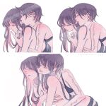  2girls arm_tattoo biting biting_ear black_bra black_hair black_ribbon blush bra breasts closed_eyes commentary dated_commentary grabbing_another's_breast grabbing_from_behind groping highres licking licking_finger long_hair maybe_kizuna multicolored_hair multiple_girls naked_ribbon neck_tattoo nipples open_mouth original pink_streaks ribbon short_hair simple_background small_breasts streaked_hair tattoo tongue tongue_out underwear underwear_only white_background yuri 