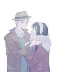  1boy 1girl absurdres adjusting_another's_clothes adjusting_scarf black_hair blonde_hair blue_eyes blush brown_coat brown_hat coat collared_shirt couple enpera fedora green_sweater grey_scarf hairband hat hetero highres husband_and_wife light_smile looking_at_another parted_bangs red_coat red_eyes scarf scarf_over_mouth shirt shirt_under_sweater short_hair sidelocks spy_x_family sweater t_riangle twilight_(spy_x_family) upper_body white_background white_hairband white_shirt yor_briar 