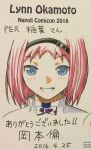  1girl 2016 black_hairband blue_eyes bow commentary_request dated gokukoku_no_brynhildr hairband hatching_(texture) highres kazumi_schlierenzauer linear_hatching marker_(medium) okamoto_lynn open_mouth photo_(medium) pink_hair portrait purple_bow signature smile solo traditional_media translation_request 