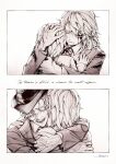  1boy 1girl artist_name closed_eyes collared_shirt degrees_of_lewdity english_text etherin facial_hair facing_another facing_back fedora flower freckles hair_flower hair_ornament hand_on_another's_back hand_on_another's_chest hand_on_another's_head hand_on_another's_shoulder hat highres hug jacket long_sleeves monochrome monocle mustache necktie old old_man portrait shirt short_hair torn_clothes very_short_hair winter_(degrees_of_lewdity) winter_(male)_(degrees_of_lewdity) 