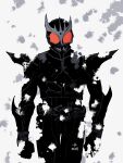  1boy absurdres arcle_(kuuga) armor belt black_armor bodysuit commentary compound_eyes gold_horns gurongi helmet highres horns kamen_rider kamen_rider_kuuga kamen_rider_kuuga_(series) kamen_rider_kuuga_(ultimate_form) looking_at_viewer male_focus red_eyes rider_belt shoulder_armor snow snowing solo spikes standing tokusatsu yashiro_manabu 