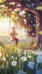  1girl absurdres commentary earrings elf flower frieren grass highres jewelry mage_staff on_swing outdoors pointy_ears porukana solo sousou_no_frieren staff swing teardrop_earrings tree twintails white_flower white_hair 