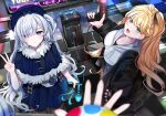  3girls :d alternate_costume black_jacket black_pantyhose black_skirt blonde_hair blue_capelet blue_dress blue_eyes bow braid capelet checkered_floor closed_mouth commentary_request dress dress_shirt fur-trimmed_capelet fur_trim gun hair_bow hair_over_one_eye hatogayar highres holding holding_gun holding_weapon hood hoodie jacket jogasaki_noah long_hair looking_at_viewer mahou_shoujo_no_majo_saiban mole mole_under_eye multiple_girls natsume_an-an open_mouth pantyhose pleated_skirt pov pov_hands purple_eyes saeki_miria shirt skirt smile v weapon white_hair white_hoodie 