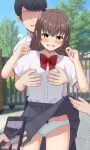  1boy 1girl 2others assisted_exposure black_hair blush bow bowtie brown_hair bullying cellphone clothes_lift collared_shirt commentary_request dot_nose embarrassed flat_chest green_eyes groping hands_on_another's_chest highres holding holding_phone lakuha_(dwtk2424) lifting_another's_clothes medium_hair molestation multiple_others no_eyes open_mouth original panties phone red_bow red_bowtie sexual_harassment shaded_face shirt short_hair short_sleeves skirt skirt_flip skirt_lift striped_clothes striped_panties tearing_up underwear 