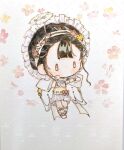  1girl black_hair blunt_bangs bonnet bow brown_eyes cherry_blossoms chibi chinese_commentary choker commentary_request commission detached_sleeves expressionless fake_halo flower flower_hairband footwear_bow frilled_headwear frilled_shirt frilled_sleeves frills fur_halo gilded_dreamsong_(infinity_nikki) grey_background hairband halo hand_on_own_cheek hand_on_own_face hat hat_bow heart heart_choker infinity_nikki large_bow leg_ribbon light_blush looking_ahead miniskirt missing_wings nikki_(series) no_mouth outstretched_arm petals pink_bow pink_flower pleated_skirt qiu_zhengcheng ribbon ribbon-trimmed_shirt ribbon_trim sample_watermark shirt shoes short_hair short_hair_with_long_locks sidelocks skirt sleeve_bow solid_oval_eyes solo standing strapless strapless_shirt traditional_media waist_bow watermark watermark_grid wavy_hair white_bonnet white_bow white_choker white_flower white_hairband white_halo white_shoes white_skirt white_sleeves wrist_flower yellow_flower yellow_ribbon yellow_shirt 