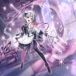  1girl apron ariane_the_labrynth_servant arm_strap asymmetrical_legwear black_dress black_gloves black_pantyhose candle chair checkered_ceiling checkered_floor commentary_request cracked_skin demon_girl demon_horns demon_tail dress duel_monster dutch_angle frills gloves grey_hair highres horns indoors lofter_username looking_at_viewer maid maid_apron maid_headdress mismatched_legwear open_mouth pantyhose pink_eyes pink_pantyhose pointy_ears polearm sample_watermark shoes sleeveless smile solo striped_tail sunlight table tail trident twintails twitter_username watermark weapon weibo_username youchengyan yu-gi-oh! 