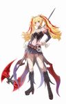  1girl absurdres animal_print axe bat_print battle_axe black_boots blonde_hair boots breasts claret_flint commentary_request full_body hand_on_own_hip highres holding holding_axe holding_weapon knee_boots kotoior looking_at_viewer multicolored_hair navel red_eyes simple_background smile solo stomach streaked_hair thighhighs twintails weapon white_background zenless_zone_zero 