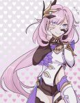  1girl black_shorts breasts commentary corset cowboy_shot elf elysia_(honkai_impact) elysia_(miss_pink_elf)_(honkai_impact) h3_hk hair_ornament hand_on_own_cheek hand_on_own_face heart heart_background highres honkai_(series) honkai_impact_3rd large_breasts long_hair long_pointy_ears looking_at_viewer pink_hair pointy_ears short_shorts shorts simple_background solo untranslatable_commentary very_long_hair white_corset 