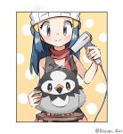  beak beanie bird blue_eyes blue_hair border commentary cowlick dawn_(pokemon) drying hair_dryer hair_ornament hairclip hat holding holding_pokemon long_hair on_stool pokemon pokemon_(creature) pokemon_diamond/pearl/platinum pokemon_focus polka_dot polka_dot_background red_scarf ribapi_illust scarf sidelocks starly stool white_border white_hat 