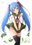  1girl black_thighhighs blue_eyes blue_hair clothes_lift commentary_request covering_crotch covering_privates digitan_(digi_tan) gakkou_gurashi! green_sailor_collar green_skirt leaf megurigaoka_high_school_uniform neck_ribbon original pleated_skirt red_ribbon ribbon sailor_collar school_uniform serafuku shibacha skirt skirt_lift solo suspenders thighhighs twintails wind wind_lift 