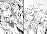  1girl 3boys ? animal_ears ascot blush braid caenis_(fate) caenis_(second_ascension)_(fate) chaldea_logo chaldea_staff_uniform closed_eyes closed_mouth coat commentary_request dark-skinned_female dark-skinned_male dark_skin derivative_work fate/grand_order fate_(series) frilled_sleeves frills gjtthflmaster gloves greyscale hair_between_eyes hairband hand_on_own_chin hand_up head_on_another's_shoulder headpiece hetero jacket jewelry kirschtaria_wodime kiss kissing_cheek korean_commentary korean_text long_hair long_sleeves looking_at_viewer marisbury_animusphere monochrome multiple_boys neck_ring photo-referenced side_braid smile solomon_(fate) speech_bubble split_screen spoken_question_mark translation_request yaoi 