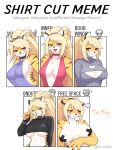  breasts canid canine clothed clothing digital_media_(artwork) felid female hair hi_res kemono looking_at_viewer mammal meme open_mouth pantherine shirt_cut_meme simple_background solo tiger yamame513 