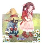  1boy 1girl aerith_gainsborough arm_belt black_mage_(final_fantasy) blue_coat blue_flower blush boots border bracelet breasts brown_boots brown_gloves brown_hair choker cleavage closed_eyes coat commentary dress final_fantasy final_fantasy_ix final_fantasy_vii flower flower_choker full_body gloves glowing glowing_eyes gold_bangle grass hair_ribbon hat highres jacket jewelry laughing long_dress long_hair medium_breasts multiple_bracelets open_mouth outdoors pants parted_bangs pink_dress pink_ribbon quichi_91 red_boots red_jacket ribbon sidelocks silver_bangle smile squatting striped_clothes striped_pants untranslatable_commentary vivi_ornitier white_border white_flower witch_hat yellow_eyes 