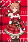  1girl 22/7 ahoge arm_behind_head black_thighhighs bow bowtie brown_eyes closed_mouth copyright_name copyright_notice detached_sleeves dress feet_out_of_frame fur-trimmed_sleeves fur_trim gloves hair_between_eyes hair_ornament hairclip himuro_mizuki looking_at_viewer multicolored_hair official_art orange_hair pink_hair plaid_clothes plaid_dress pleated_dress red_background red_bow red_bowtie red_gloves red_sleeves santa_costume santa_dress short_hair sleeveless sleeveless_dress smile solo standing straight-on streaked_hair thighhighs two-tone_hair 