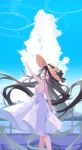  1girl :d ^_^ absurdres alternate_costume alternate_hairstyle aqua_halo aris_(blue_archive) arm_up back bare_arms bare_shoulders black_bow black_hair blue_archive bow casual closed_eyes cloud commentary criss-cross_back-straps cumulonimbus_cloud day double-parted_bangs dress empire_waist facing_to_the_side facing_viewer feet_out_of_frame floating_hair from_side hair_between_eyes hair_down halo happy hat hat_bow hat_ornament highres kei_(orange_robot)_(blue_archive) kurana_(atlas) long_hair long_hair_between_eyes loosely_tucked_bangs medium_dress mountainous_horizon multi-source_commentary non-circular_lens_flare ocean open_mouth outdoors outstretched_arm railing rectangular_halo ring_of_light_(blue_archive) simple_bird sleeveless sleeveless_dress smile solo standing straw_hat teeth turning_head upper_teeth_only very_long_hair white_dress yellow_hat 
