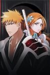  1boy 1girl armor bleach bleach:_sennen_kessen-hen breasts brown_eyes closed_mouth commentary hair_ornament highres inoue_orihime japanese_clothes kurosaki_ichigo large_breasts long_hair looking_at_viewer official_style orange_hair parted_bangs rozuberry serious shihakusho shoulder_armor sideburns spiked_hair weapon 