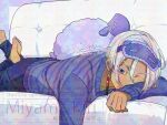  1boy colored_eyelashes commentary_request dark-skinned_male dark_skin earrings heavy_adversarial_noise jewelry kurokawa_izana long_sleeves male_focus mask mask_on_head miyama_kiri pajamas pants purple_eyes purple_pajamas purple_pants purple_shirt shirt short_hair striped_clothes striped_pajamas stuffed_animal stuffed_sheep stuffed_toy thick_eyelashes tokyo_revengers tokyo_revengers_pazuribe! white_hair 