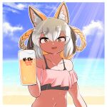  1girl alcohol animal_costume animal_ear_fluff animal_ears beach beer bikini fox_ears fox_girl grey_hair highres island_fox_(kemono_friends) kemono_friends kemono_friends_v_project looking_at_viewer mcgunngu multicolored_hair navel open_mouth ribbon solo summer sweat swimsuit virtual_youtuber yellow_eyes 