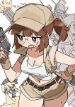  2girls absurdres belt breasts brown_belt brown_eyes brown_hair brown_hat brown_shorts cleavage collarbone commentary fio_germi gun hat highres holding holding_gun holding_weapon kasamoto_eri metal_slug midriff multiple_girls navel open_mouth ponytail revolver shorts solo_focus thighs weapon yuateheng 