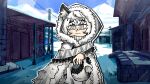  1girl :3 animal_ear_fluff animal_ears arknights awning blue_sky blush bright_pupils building cloak commentary cowboy_shot english_commentary fur-trimmed_cloak fur_trim grey_eyes hand_on_own_tail highres hood hood_up hooded_cloak mountain official_alternate_costume outdoors pramanix_(arknights) setz sky smile snow snow_leopard_ears snow_leopard_girl snow_leopard_tail solo stairs tail tiara white_cloak white_hair white_pupils 