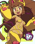  1boy 1girl :d absurdres alternate_costume alternate_hair_length_(longer) animal_ears billdadinosaur body_fur breasts brown_hair cat_ears cat_girl cat_tail commentary cosplay darkstalkers fang felicia_(darkstalkers) felicia_(darkstalkers)_(cosplay) furry furry_female gameoverse highres kaboodle_(gameoverse) kit_bodega long_hair looking_at_viewer medium_breasts navel one-eyed open_mouth organic_bra red_eyes robot smile solo_focus tail yellow_fur 