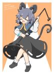  1girl absurdres animal_ears bangs black_footwear blue_capelet capelet closed_eyes dated dowsing_rod facing_viewer fang grey_hair highres jewelry liner41 long_sleeves mouse mouse_ears mouse_girl mouse_tail nazrin open_mouth orange_background pendant short_hair simple_background skin_fang smile socks solo tail touhou two-tone_background white_background white_socks 