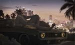  absurd_res anthro canid canine canis car city city_background cityscape dreamworks elseirius gold_(metal) hi_res male male/male mammal mr._wolf_(the_bad_guys) solo sunset the_bad_guys vehicle wolf 