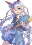 1girl ang animal_ears black_shirt blue_eyes blue_hairband blue_shirt blue_skirt blush breasts collarbone commentary_request ear_covers electric_guitar fang grey_hair grey_tail guitar hair_between_eyes hairband headband highres holding holding_guitar holding_instrument horse_ears horse_girl horse_tail instrument long_hair multicolored_hairband one_eye_closed open_mouth red_headband shirt simple_background skirt small_breasts smile striped_clothes striped_hairband tail tamamo_cross_(umamusume) two-tone_hairband umamusume very_long_hair white_background zaijian_(xxx1148297) 