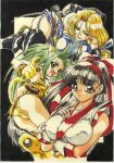  1990s_(style) 3girls ainu_clothes animal_ears animal_hands animal_print arm_under_breasts ass black_boots black_eyes black_gloves blonde_hair blue_dress blue_eyes blue_ribbon boots bow breasts brown_eyes cameltoe cat_ears cat_girl cat_paws cat_tail cham_cham charlotte_christine_de_colde claws closed_mouth covered_nipples curtained_hair dress earrings elbow_gloves fang fingerless_gloves garter_straps gloves green_eyes green_hair hair_bow hair_ribbon hairband half-closed_eyes hand_on_own_chest holding holding_sword holding_weapon jewelry large_breasts leopard_print lipstick long_hair looking_at_another looking_at_viewer looking_back low-tied_long_hair makeup marker_(medium) medium_breasts microdress multiple_girls nakoruru open_mouth panties paw_gloves paw_shoes print_dress rapier red_bow red_hairband red_lips retro_artstyle ribbon samurai_spirits shoes sleeveless sleeveless_dress smile sword tail tail_raised thigh_boots thighs third-party_source traditional_media underwear weapon white_gloves yellow_dress yellow_gloves yellow_panties yellow_shoes yokota_mamoru 