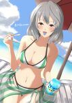  1girl absurdres artist_name assault_lily bare_arms bare_shoulders beach beach_umbrella bikini blue_sky blue_tongue blush breasts chair character_print charmy_(assault_lily) cleavage collarbone colored_tongue commentary_request cowboy_shot cup day dutch_angle food green_bikini green_sarong grey_hair halterneck hands_up hata_matsuri highres holding holding_cup horizon lounge_chair medium_breasts medium_hair navel ocean on_chair open_mouth outdoors purple_eyes sarong see-through_clothes see-through_sarong senri_(senri03151221) shaved_ice side-tie_bikini_bottom sitting sky solo sparkle stomach striped_bikini striped_clothes striped_sarong swimsuit tongue tongue_out umbrella 