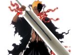  1boy abs absurdres arm_up bankai black_kimono bleach bleach:_sennen_kessen-hen chi_kusari_no_ichigo commentary_request cowboy_shot demon_horns facial_mark fighting_stance fire highres holding holding_sword holding_weapon horns japanese_clothes kimono kubo_tite_(style) kurosaki_ichigo looking_at_viewer male_focus nose official_style orange_hair parted_lips pyrokinesis red_eyes serious short_hair simple_background solo spiked_hair spokota sword tensa_zangetsu_(bankai) toned toned_male v-shaped_eyebrows weapon white_background 