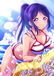  1girl backlighting bare_shoulders beach bikini black_bikini black_hair blush breasts cleavage closed_mouth cloud cloudy_sky collarbone commentary_request highres large_breasts long_hair looking_at_viewer love_live! love_live!_sunshine!! matsuura_kanan multicolored_bikini nanja_najav outdoors ponytail purple_eyes sky smile solo striped_bikini striped_clothes sunset swimsuit two-tone_bikini white_bikini 