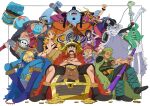  2girls 6+boys absurdres arm_up belt black_hair blonde_hair blue_boots blue_hair boots brook_(one_piece) cape capelet cigarette coin commentary facial_hair fake_horns franky_(one_piece) goatee going_merry green_hair guitar hair_over_one_eye highres holding holding_guitar holding_instrument holding_sword holding_weapon horns instrument jinbe_(one_piece) liaocijheng mixed-language_commentary monkey_d._luffy multiple_boys multiple_girls nami_(one_piece) nico_robin one_piece open_mouth orange_hair roronoa_zoro sanji_(one_piece) shoulder_pads sitting skeleton smile straw_hat_pirates sword tony_tony_chopper treasure_chest usopp weapon 