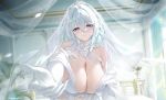  1girl azur_lane bouncing_breasts breasts bridal_veil bride chinese_commentary cleavage commentary_request dress elbow_gloves gloves hanging_breasts highres huge_breasts indoors kearsarge_(azur_lane) kearsarge_(code:_oath)_(azur_lane) long_hair looking_at_viewer meisansan offering_hand official_alternate_costume official_alternate_hairstyle official_art pov purple_eyes see-through_clothes see-through_veil smile solo upper_body veil wedding_dress white_dress white_gloves white_hair 