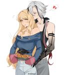  2girls alternate_costume arlecchino_(genshin_impact) black_hair black_hands blonde_hair blue_eyes breasts colored_extremities commentary croissant english_commentary food genshin_impact hand_on_another's_stomach heart highres holding kissing_head multiple_girls navia_(genshin_impact) oven_mitts red_nails seijousai spoken_heart white_hair yuri 