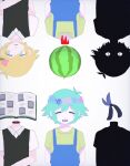  4boys 68ta antenna_hair averting_eyes basil_(faraway)_(omori) basil_(headspace)_(omori) basil_(omori) black_hair black_skin black_sweater_vest blonde_hair blue_eyes blue_overalls censored collared_shirt colored_skin commentary decapitation double-parted_bangs flower food fruit gardening_shears green_hair green_shirt hair_between_eyes hair_flower hair_ornament highres looking_at_viewer male_focus mosaic_censoring multiple_boys multiple_persona omori overalls parted_lips photo_(object) scrapbook shirt short_hair short_sleeves sidelocks simple_background stranger_(omori) sunny_(omori) sweater_vest t-shirt watermelon white_background white_eyes white_shirt white_skin 