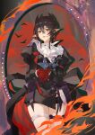  1girl absurdres arknights ascot bat_(animal) black_hair black_shorts black_tailcoat blood blood_splatter breasts candlestand chinese_commentary commentary_request cowboy_shot earrings entelechia_(arknights) gloves hair_between_eyes hair_horns highres holding holding_candlestand jewelry juliet_sleeves lipgloss long_sleeves looking_at_viewer medium_breasts mirror mole mole_under_eye own_hands_together pointy_ears puffy_sleeves red_eyes red_gloves short_hair short_shorts shorts single_earring solo thigh_gap thigh_strap vampire white_ascot yige_lianxi_hao 