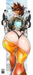  1girl ass bayeuxman black_panties brown_eyes brown_hair cameltoe clothes_pull clothing_aside dual_wielding from_behind gun handgun highres holding holding_gun holding_weapon orange_goggles orange_pants overwatch panties panties_aside pants pants_pull short_hair smile solo spiked_hair thong tight tight_pants tongue tongue_out tracer_(overwatch) underwear weapon 