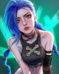  1girl arcane:_league_of_legends arcane_jinx arm_tattoo asymmetrical_bangs blue_hair braid cloud_tattoo collarbone commentary crop_top english_commentary eyelashes freckles jinx_(league) league_of_legends lips long_hair looking_at_viewer nose parted_lips pink_eyes razaras realistic shoulder_tattoo signature solo stomach_tattoo tattoo twin_braids upper_body 