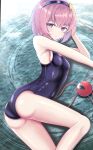  1girl absurdres armpits ass bangs black_hairband breasts feet_out_of_frame hairband highres komeiji_satori looking_at_viewer lying on_side pink_eyes pink_hair school_swimsuit short_hair small_breasts solo str11x swimsuit third_eye touhou water 