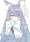  1girl absurdres alternate_costume antlers aqua_eyes blue_coat blush bow catcap22 coat colored_skin commentary_request crescent crossed_bangs deer_antlers deer_girl eyelashes flower fur-trimmed_coat fur_trim genshin_impact hair_between_eyes highres horns large_bow lauma_(genshin_impact) long_hair long_sleeves looking_at_viewer pointy_ears puffy_long_sleeves puffy_sleeves purple_hair scarf simple_background smile solo speech_bubble steam teeth translation_request upper_body very_long_hair white_background white_bow white_scarf white_skin 