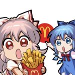  2girls blue_bow blue_dress blue_eyes blue_hair bow cirno collared_shirt detached_wings dress fairy food french_fries fujiwara_no_mokou hair_between_eyes hair_bow holding ice ice_wings jokanhiyou long_hair lowres mcdonald&#039;s meme multiple_girls open_mouth puffy_short_sleeves puffy_sleeves red_eyes shirt short_hair short_sleeves simple_background touhou two_soyjaks_pointing_(meme) white_background white_bow white_hair white_shirt wings 