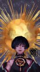  1boy absurdres black_bodysuit black_hair black_kimono blunt_ends bodysuit bright_pupils choppy_bangs eyelashes eyeliner genshin_impact gold highres japanese_clothes jewelry juban kimono kwy_(kwywii) looking_at_viewer makeup male_focus mandarin_collar mitsudomoe_(shape) neck_ring open_mouth pink_lips purple_eyes red_eyeliner red_kimono scaramouche_(genshin_impact) scaramouche_(harbinger)_(genshin_impact) shoulder_peek shoulder_tattoo single_bare_shoulder single_off_shoulder solo star_(sky) starry_sky_background sun tattoo teeth tomoe_(symbol) tsurime upper_teeth_only white_kimono white_pupils wolf_cut 