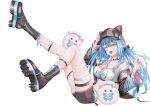  1girl absurdres animal_hat asymmetrical_legwear barefoot baseball_cap belt black_choker black_hat black_jacket black_shorts blue_hair boots braid breasts cat_hat choker cleavage commentary double-parted_bangs elf fishnet_socks fishnets full_body hair_between_eyes hat highres hololive jacket large_breasts long_hair long_pointy_ears long_sleeves looking_at_viewer low_twintails navel official_alternate_costume open_clothes open_jacket open_mouth pointy_ears short_shorts shorts side_braids simple_background socks solo stomach thigh_strap twintails user_vvxe5237 very_long_hair virtual_youtuber white_background white_belt yellow_eyes yukihana_lamy yukihana_lamy_(cyber) yukimin_(yukihana_lamy) 