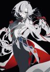 1girl arlecchino_(genshin_impact) black_background black_eyes black_hair black_hands black_streaks coat coattails colored_extremities commentary_request finger_to_mouth fingernail_gloves genshin_impact grey_coat hair_between_eyes highres long_hair looking_at_viewer mkr_aknk714 multicolored_hair pinching_gesture signature solo streaked_hair tailcoat twitter_username two-tone_hair white_hair 