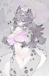  1girl absurdres ahoge animal_ears animal_nose bikini blush braid breasts cleavage commentary cowboy_shot fang furry furry_female glasses grey_fur grey_hair hands_up highres huge_breasts long_hair multicolored_fur open_mouth pawpads pink_bikini purple_eyes snow_leopard_ears snow_leopard_girl snow_leopard_tail solo spotted_fur swimsuit tail tigirl02 v very_long_hair white_fur 