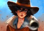  1girl aiming aiming_at_viewer black_hair blue_background blue_eyes blue_shirt brown_hat commentary cowboy_hat cowgirl_(western) deadlock_(game) fur-trimmed_jacket fur_trim gloves gun hat highres holding holding_gun holding_weapon holliday_(deadlock) jacket kerrakatt looking_at_viewer orange_scarf plaid_clothes plaid_scarf popped_collar red_lips revolver scarf shirt short_hair solo weapon 