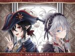  2girls :d absurdres ascot black_hair black_hat black_kimono blue_eyes blue_jacket bow braid chinese_commentary closed_mouth collared_shirt commentary_request double-parted_bangs frilled_hairband frills grey_hair hair_between_eyes hair_bow hairband hand_up hat highres izayoi_sakuya jacket japanese_clothes kimono liefeng_dm long_hair long_sleeves looking_at_viewer multiple_girls open_clothes open_jacket open_mouth pirate_hat pointy_ears red_bow red_eyes shameimaru_aya shirt short_hair side_braids sidelocks smile touhou twin_braids upper_body v white_hairband white_shirt yellow_ascot 