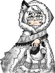  1girl :3 absurdres animal_ear_fluff animal_ears arknights blush bright_pupils cloak commentary cowboy_shot english_commentary first-party_extraction fur-trimmed_cloak fur_trim grey_eyes hand_on_own_tail highres hood hood_up hooded_cloak official_alternate_costume pramanix_(arknights) setz simple_background smile snow_leopard_ears snow_leopard_girl snow_leopard_tail solo tail tiara transparent_background white_cloak white_hair white_pupils 